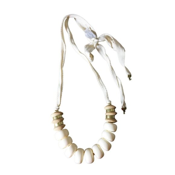 Cream Beaded Ceramic Tie Necklace with Wooden Beads, Ann Taylor Loft - Picture 1 of 5